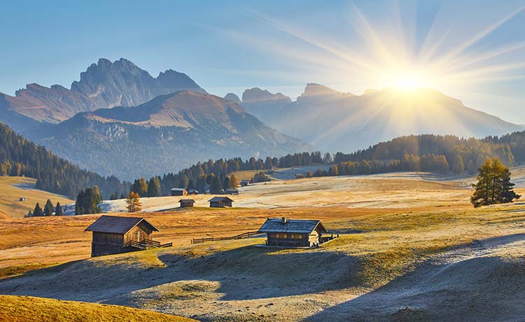 Sunrise at Alpe di Siusi in the Dolomites, autumn