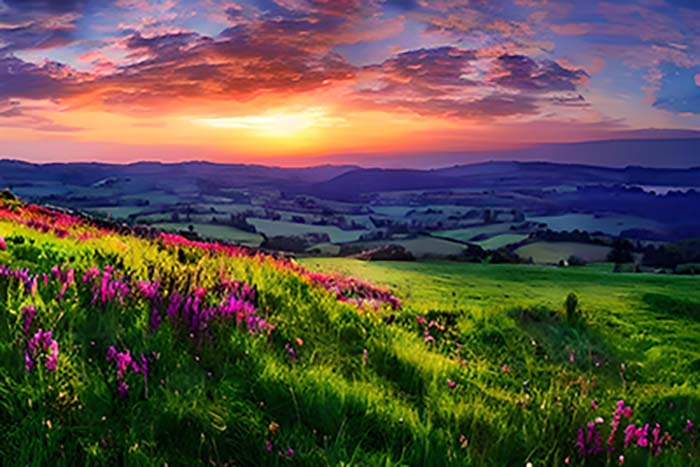 A peaceful meadow atop a hill, aglow